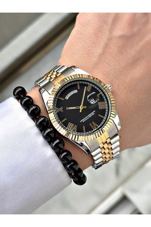 Premium Tasarım Grande Lüks Seri Metal Kordon Çift Takvimli Erkek Kol Saati-Bileklik Hediyeli
