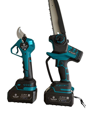 Titanium GTA350 Kömürsüz,Fırçalı,Dijital Gösrtergeli Akülü Budama Testeresi ve Akülü Budmam Makası 2 Bataryalı Çantalı Set