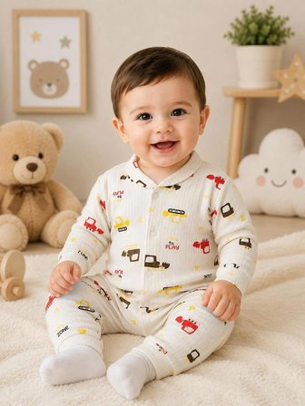 Gökçe Baby Bebek İş Makinesi Desenli Uzun Kollu Tulum – Yumuşak Pamuklu Çıtçıtlı Bebek Zıbını
