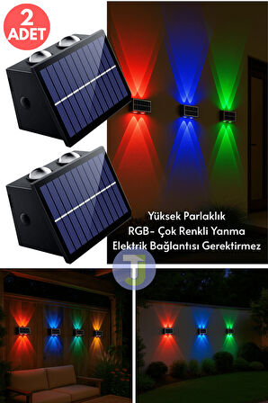 Technojet Solar Güneş Enerjili 4 Ledli Bahçe Aydınlatması Aplik RGB Işık Led Lamba (2 Adet)