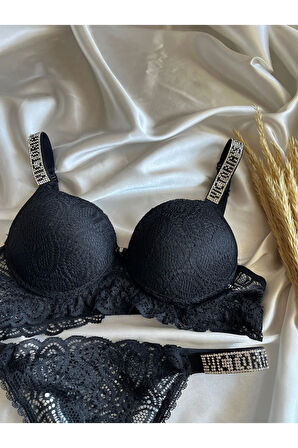 Dantelli Lastiği Taşlı Balenli Destekli Dolgulu Push Up Siyah Sütyen Ve String Iç Çamaşırı Takımı