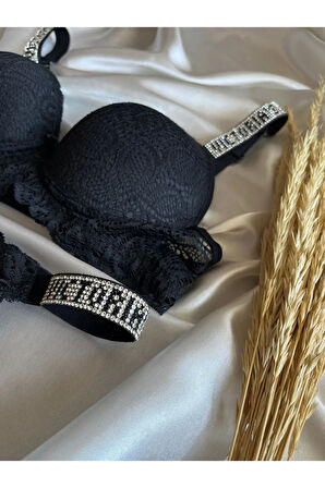 Dantelli Lastiği Taşlı Balenli Destekli Dolgulu Push Up Siyah Sütyen Ve String Iç Çamaşırı Takımı