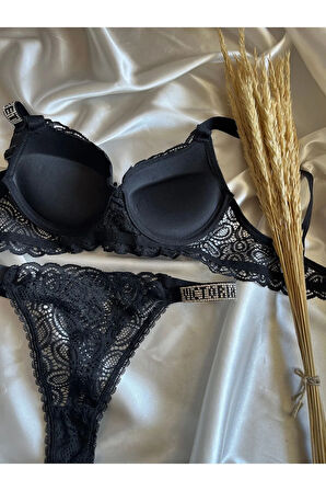 Dantelli Lastiği Taşlı Balenli Destekli Dolgulu Push Up Siyah Sütyen Ve String Iç Çamaşırı Takımı