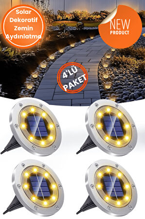 Technojet 4Adet Solar Ultra Parlak SMD 8led Kazıklı Çim Zemin Bahçe Aydınlatma Güneş Enerjili Sarı