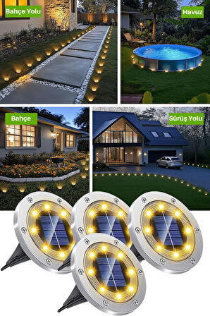 Technojet 4Adet Solar Ultra Parlak SMD 8led Kazıklı Çim Zemin Bahçe Aydınlatma Güneş Enerjili Sarı