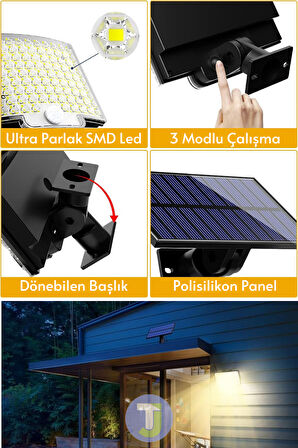 Technojet 106 LED Solar Duvar Lambası – SMD Sarı Işık, Kumandalı, 3 Modlu, IP65 Bahçe Aydınlatma