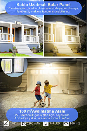 Technojet 348 LED Solar Bahçe Aydınlatması – Kumandalı, Sarı Işık, 3 Modlu, 5m Panel Kablosu