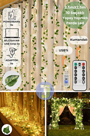 2.5x2.5m LED Perde Işık – 250 LED 10 Saçak Yapay Sarmaşık Desenli USB Kumandalı Dekoratif Aydınlatma