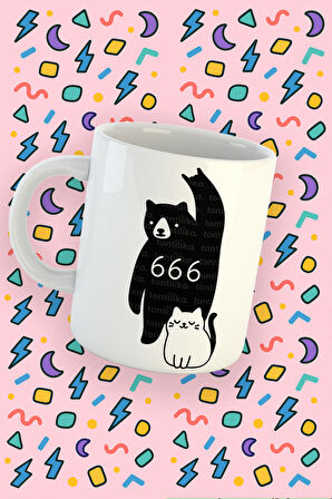 Blupiki Koleksiyonu Ayı ve Kedi Figürlü 666 Mizahi Tasarım Kupa