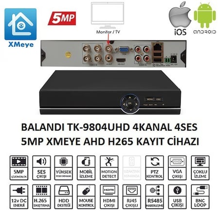 Balandi TK-9804UHD 4CH 4SES 5MP XMEYE AHD DVR H265+ 4 Kanal Güvenlik Sistemleri Kayıt Cihazı