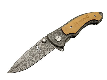 2-31 Damascus Kamp Çakı 19,5cm - Yarı Otomatik, Kemerlikli, Ahşap Metal Sap