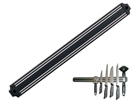 Mıknatıslı Bıçak Tutucu Stand - 38 Cm - Siyah - Paslanmaz Çelik - Mutfak Düzeni - Güvenli Bıçak Saklama - Tezgâh Düzeni - Modern Tasarım