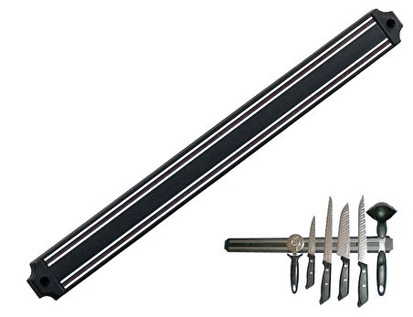 Mutfak Duvarına Monte Mıknatıslı Geniş Bıçak Tutucu Stand - 55 Cm - Siyah - Paslanmaz Çelik