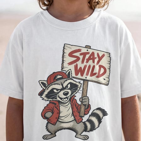 Tişört Kodu Stay Wild Rakun Baskılı Erkek Çocuk Tişörtü Beyaz Pamuklu 8-9 Yaş Bisiklet Yaka