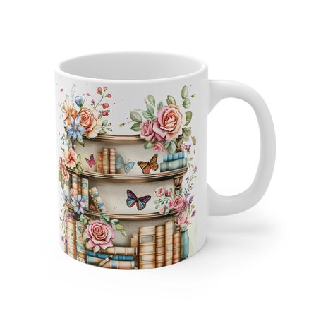 Tişört Kodu Kitaplık ve Çiçek Tasarımlı Porselen Kupa 325 ml Mug Bardak
