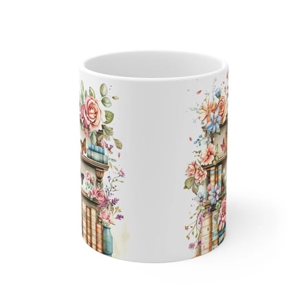 Tişört Kodu Kitaplık ve Çiçek Tasarımlı Porselen Kupa 325 ml Mug Bardak