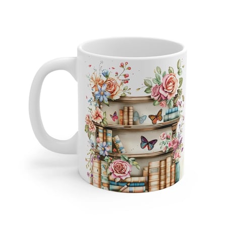 Tişört Kodu Kitaplık ve Çiçek Tasarımlı Porselen Kupa 325 ml Mug Bardak