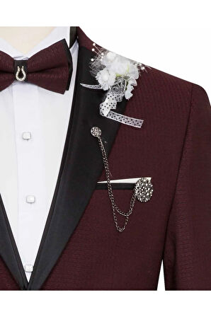 Erkek Bordo Dokulu Yelekli Slim Fit Smokin Damatlık
