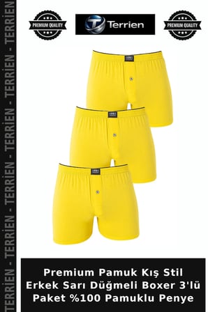 Premium Pamuk Kış Stil Erkek Sarı Düğmeli Boxer 3'lü Paket %100 Pamuklu Penye