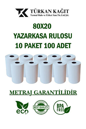 80x20 Termal Rulo - Yazarkasa Adisyon Rulosu 10 Paket 100 Adet