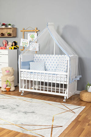Ahşap Beşik Anne Yanı Beşik Beyaz 60x120 - Mavi Yıldız Tek Yastık Uyku Seti + Yatak + Tekerlekli