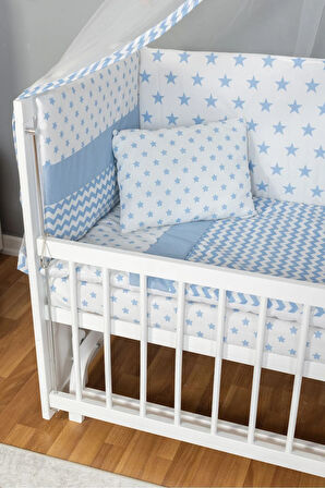 Ahşap Beşik Anne Yanı Beşik Beyaz 60x120 - Mavi Yıldız Tek Yastık Uyku Seti + Yatak