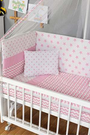 Ahşap Beşik Anne Yanı Beşik Beyaz 60x120 - Pembe Yıldız Tek Yastık Uyku Seti + Yatak + Tekerlekli