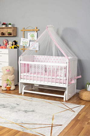 Ahşap Beşik Anne Yanı Beşik Beyaz 60x120 - Pembe Yıldız Tek Yastık Uyku Seti + Yatak