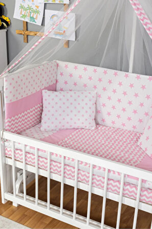 Ahşap Beşik Anne Yanı Beşik Beyaz 60x120 - Pembe Yıldız Tek Yastık Uyku Seti + Yatak