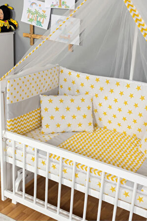 Ahşap Beşik Anne Yanı Beşik Beyaz 60x120 - Sarı Yıldız Tek Yastık Uyku Seti + Yatak
