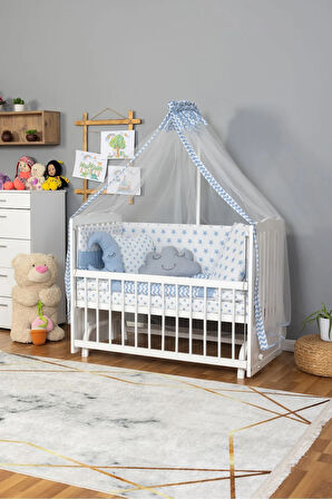 Ahşap Beşik Anne Yanı Beşik Beyaz 60x120 - Mavi Yıldız 3 Yastık Uyku Seti + Yatak