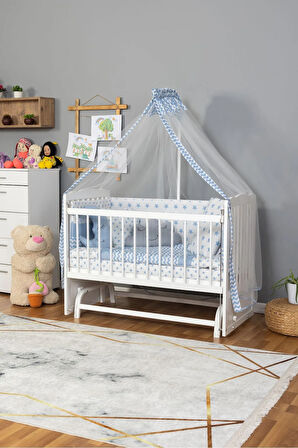 Ahşap Beşik Anne Yanı Beşik Beyaz 60x120 - Mavi Yıldız 3 Yastık Uyku Seti + Yatak