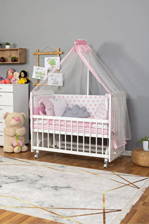 Ahşap Beşik Anne Yanı Beşik Beyaz 60x120 - Pembe Yıldız 3 Yastık Uyku Seti + Yatak + Tekerlekli