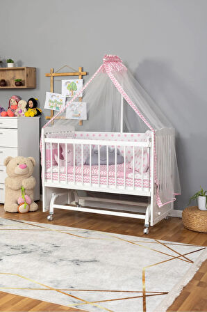 Ahşap Beşik Anne Yanı Beşik Beyaz 60x120 - Pembe Yıldız 3 Yastık Uyku Seti + Yatak + Tekerlekli