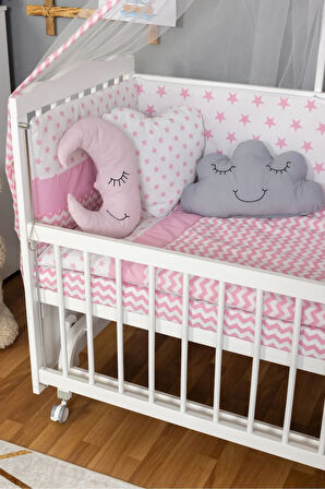 Ahşap Beşik Anne Yanı Beşik Beyaz 60x120 - Pembe Yıldız 3 Yastık Uyku Seti + Yatak + Tekerlekli