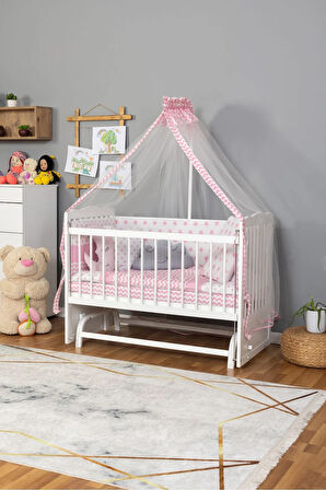 Ahşap Beşik Anne Yanı Beşik Beyaz 60x120 - Pembe Yıldız 3 Yastık Uyku Seti + Yatak