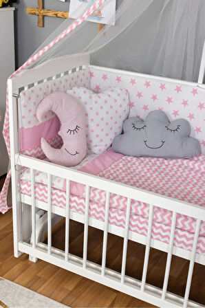 Ahşap Beşik Anne Yanı Beşik Beyaz 60x120 - Pembe Yıldız 3 Yastık Uyku Seti + Yatak