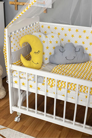 Ahşap Beşik Anne Yanı Beşik Beyaz 60x120 - Sarı Yıldız 3 Yastık Uyku Seti + Yatak + Tekerlekli