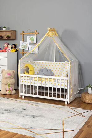 Ahşap Beşik Anne Yanı Beşik Beyaz 60x120 - Sarı Yıldız 3 Yastık Uyku Seti + Yatak