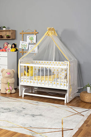 Ahşap Beşik Anne Yanı Beşik Beyaz 60x120 - Sarı Yıldız 3 Yastık Uyku Seti + Yatak