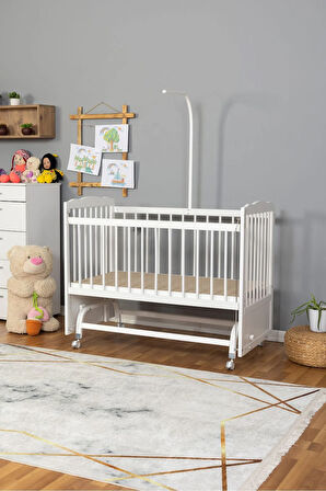 Ahşap Beşik Anne Yanı Beşik Beyaz 60x120 - Uyku Setsiz Yataksız + Tekerlekli