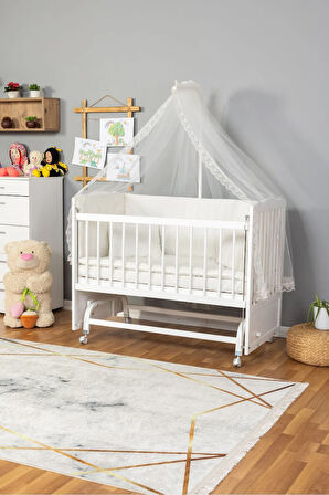 Ahşap Beşik Anne Yanı Beşik Beyaz 60x120 - Krem Güpür Uyku Seti + Yatak + Tekerlekli