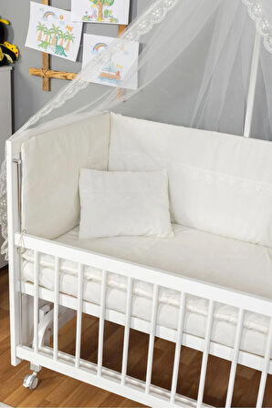 Ahşap Beşik Anne Yanı Beşik Beyaz 60x120 - Krem Güpür Uyku Seti + Yatak + Tekerlekli