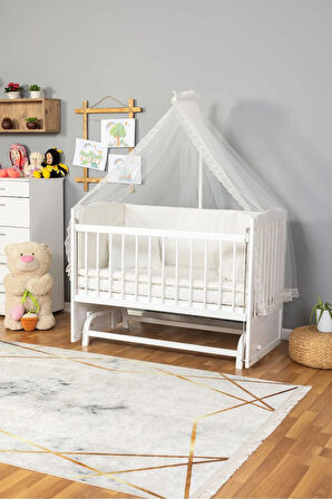 Ahşap Beşik Anne Yanı Beşik Beyaz 60x120 - Krem Güpür Uyku Seti + Yatak