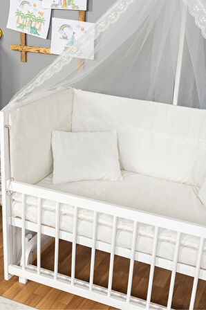 Ahşap Beşik Anne Yanı Beşik Beyaz 60x120 - Krem Güpür Uyku Seti + Yatak