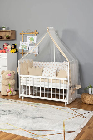 Ahşap Beşik Anne Yanı Beşik Beyaz 60x120 - Krem Nakış(Yazısız) Uyku Seti + Yatak