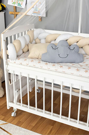 Ahşap Beşik Anne Yanı Beşik Beyaz 60x120 - Krem Beyaz Örgü Uyku Seti Seti + Yatak + Tekerlekli