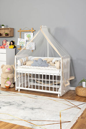 Ahşap Beşik Anne Yanı Beşik Beyaz 60x120 - Krem Beyaz Örgü Uyku Seti Seti + Yatak