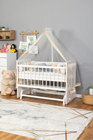 Ahşap Beşik Anne Yanı Beşik Beyaz 60x120 - Krem Beyaz Örgü Uyku Seti Seti + Yatak