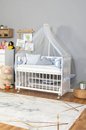 Ahşap Beşik Anne Yanı Beşik Beyaz 60x120 - Mavi Beyaz Örgü Uyku Seti Seti + Yatak + Tekerlekli